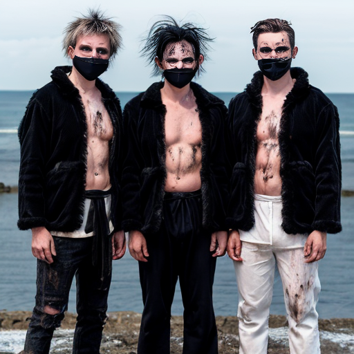 3 witch doctors with long furry black jackets and white face mask with hallow black  eyes and two men dressed with a ripped t-shirt and panse with messy hair next to the sea 