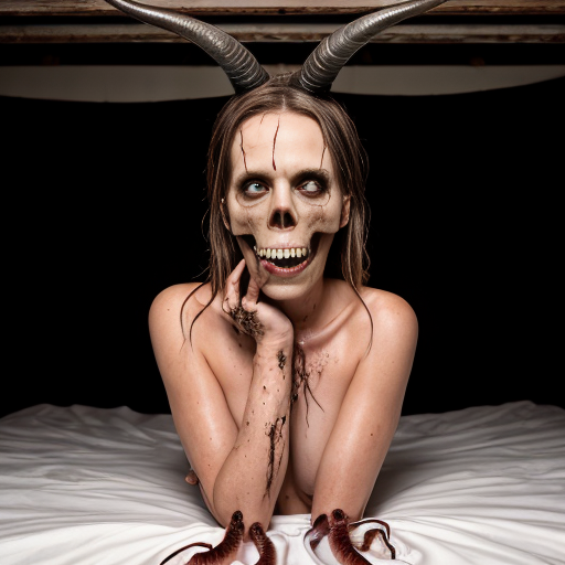 A photorealistic, high-detail cinematic shot of a woman lying on a messy white bed, looking up in terror. Thick, fleshy, worm-like tentacles are coiled around her body and emerging from under the sheets. The room is dimly lit with a deep red and muddy brown color palette. Hanging from the ceiling are grotesque, elongated demonic skulls with curved horns and dripping organic matter. On the back wall, a distorted religious icon and a crucifix are mounted. The atmosphere is heavy with dark surrealism and analog horror vibes. 8k resolution, highly detailed skin textures, dramatic shadows, grimy wall textures