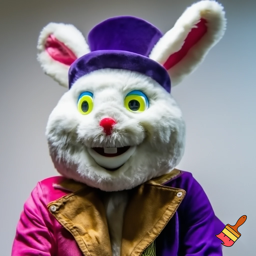 Easter bunny mascot costume top hat a colour face jacket purple and pink pink, purple and pink and gold purple and pink and gold