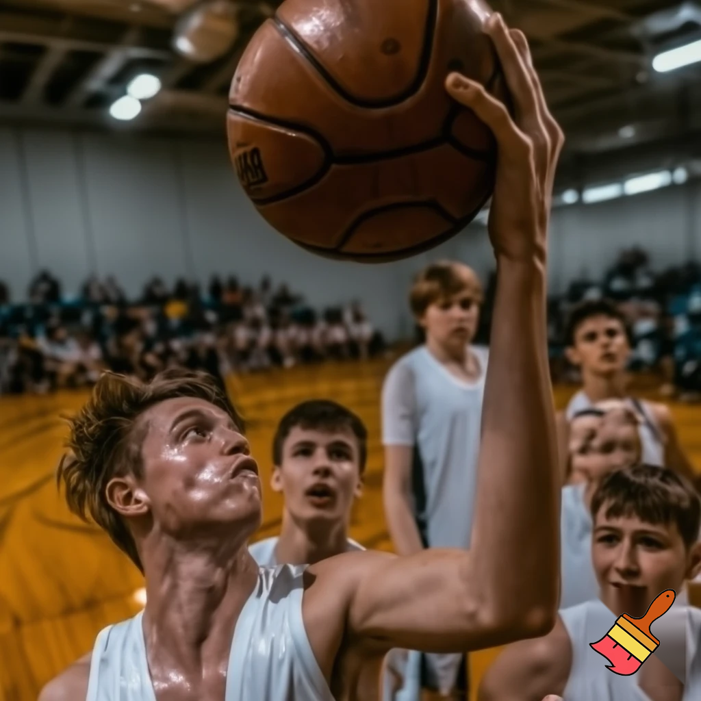 behind white teenage basketball players making a game winning three pointer