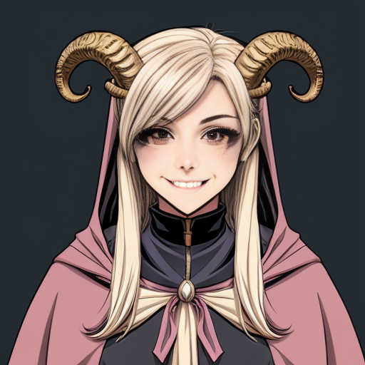 A elegantly beautiful seven-foot tall, lavender-pink skinned Tiefling with ram-like horns, long wavey blond hair and a curvaceous figure. She is dressed for a long journey on the road, with many assorted shiny bobbles worn like jewelry and as adornments on her cloak and around her waist. She has a cheerful smile and jovial ruby eyes. In the art style of a well-drawn comic or anime character.
