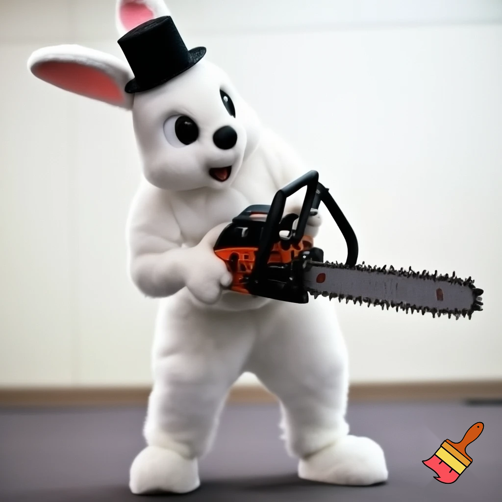 Easter bunny with a chainsaw with a top hat mascot costume
