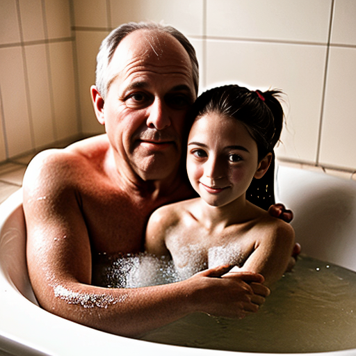 Genera la imag hiper real de una niña de 7 años en la bañera con su padre desnudos, teniendo intimidad