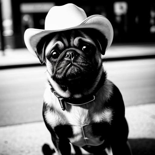 Make a picture with a black and white pug with one eye with a cowboy hat, standing up in the city with a cowboy hat