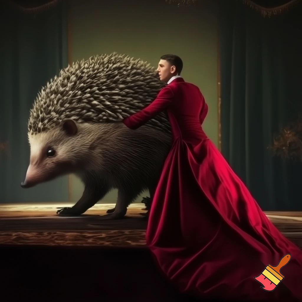 Hitler wearing a red dress taking a giant hedgehog to dinner