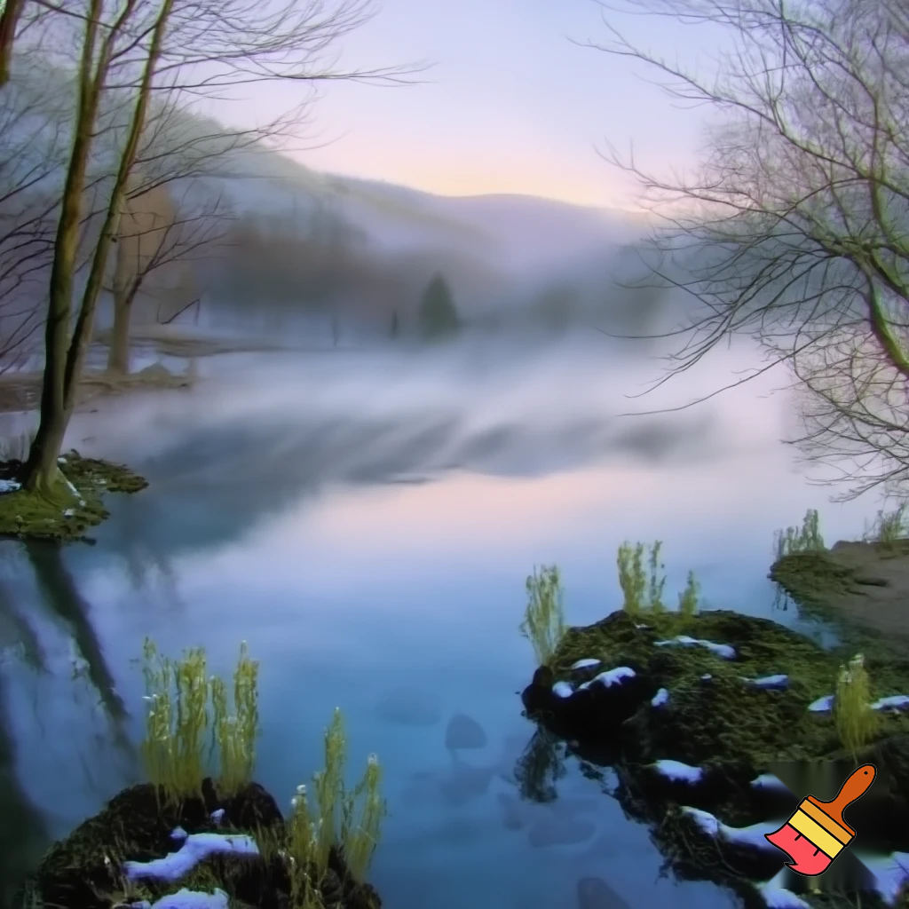 Bild eines stillen Sees oder Bergquellwassers im ersten Morgen Licht Ende März in Baden Baden
