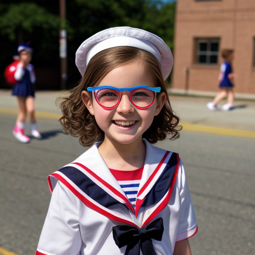 Cute adorable niña Chilindrina glasses con hair lazo curly con verano sailor uniforme escolar con zapatos negros escolar con calcetines blancos con sombrero sailor con grupal con caminar con desfile Estados Unidos América bandera con ciudad 51
