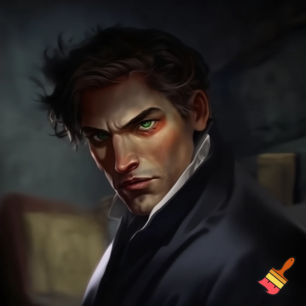 Portretul unui infractor malefic, brunet, cu mustață, cu ochi verzi, frumos, seducător, criminal, hoț, manipulator, care sfidează justiția.