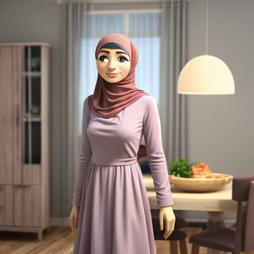 Pixar-style 3D cartoon, Muslim woman, 50 years old, fully covered, headscarf covering all hair, modest appearance, wide flowing pink dress, standing in a modern living/dining room, placing plates on the table, preparing food to eat, medium-class interior, neutral colors, simple furniture, cozy atmosphere, bright friendly lighting, simple cartoon style