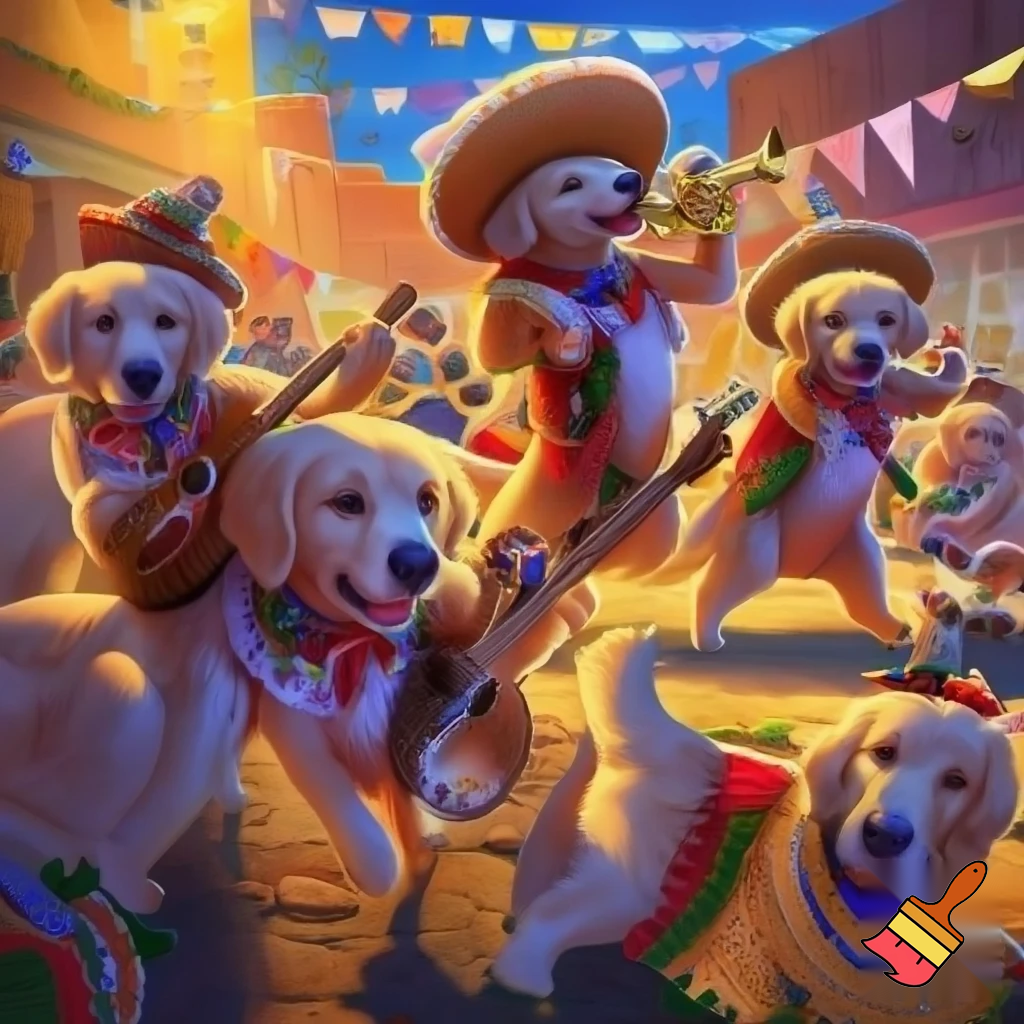 A mariachi band made up of golden retrievers 