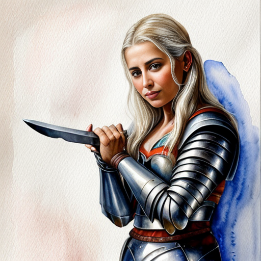 young, tall, white-haired woman in armor is sad because a Turkish man stole her knife.
