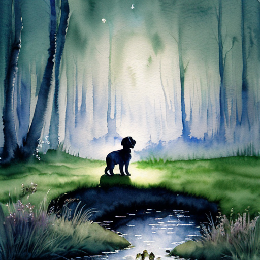Kouzelná večerní scéna, lesní mýtina v noci, z potoka vychází jasná modrá záře  ze svítícího safíru. Malé štěně stojí na okraji louky,  sleduje světlo. Magická atmosféra. Pohádkový akvarel.