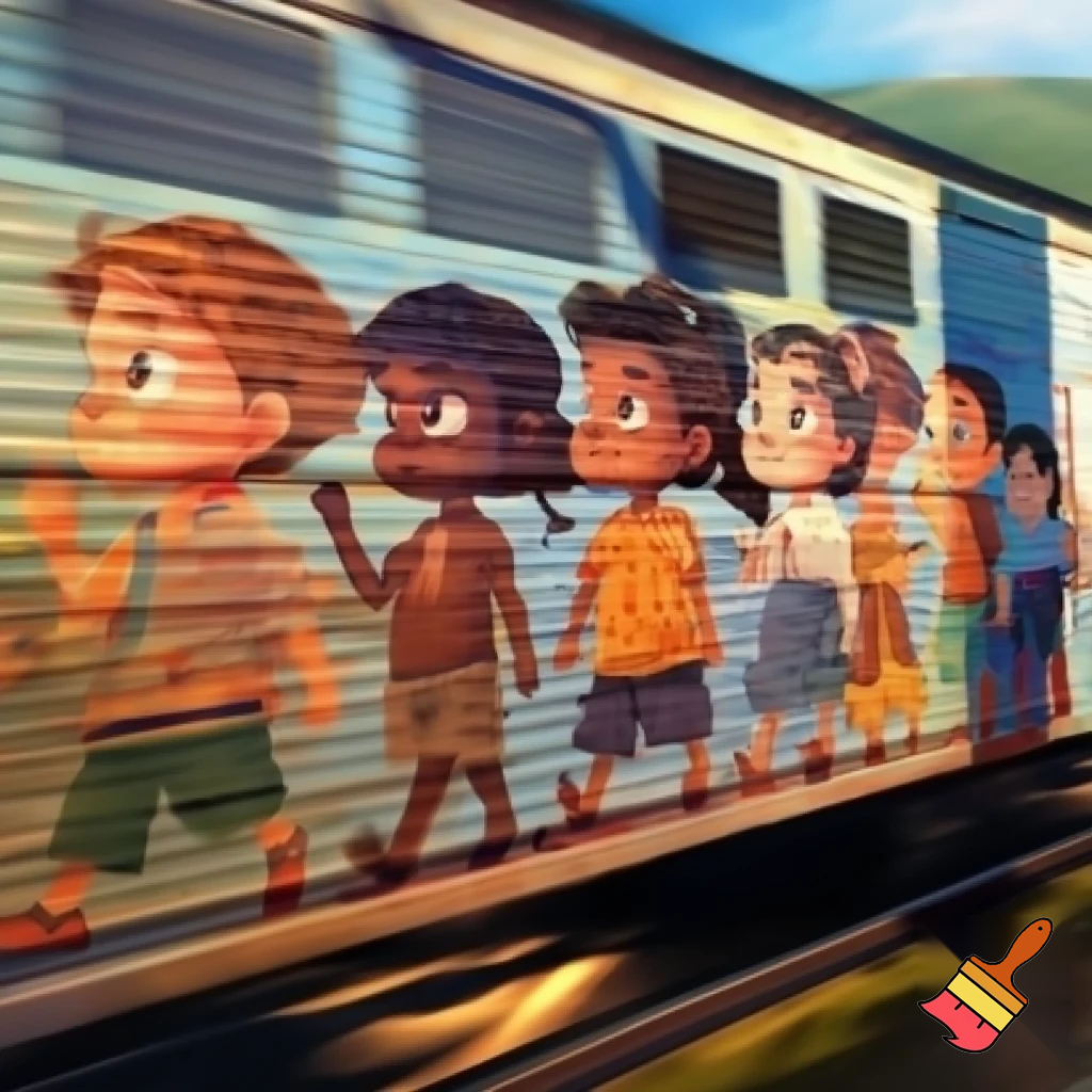 young kids from ethnic diverse backgrounds  side by side not holding hands as a mural on the cargo of a train . Like moving art that shifts as the train moves, kind of like a motion book



