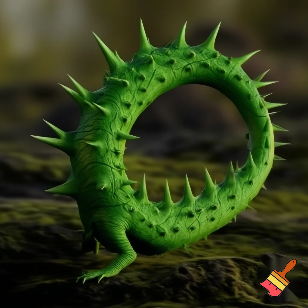 a animal that has green skin and has no eyes
and has a tail with spike on the tail and body
