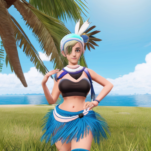 Lana from Pokemon Sun and Moon outfit otea tahiti  in  grass skirt  bleu and tassel   bleu sky 