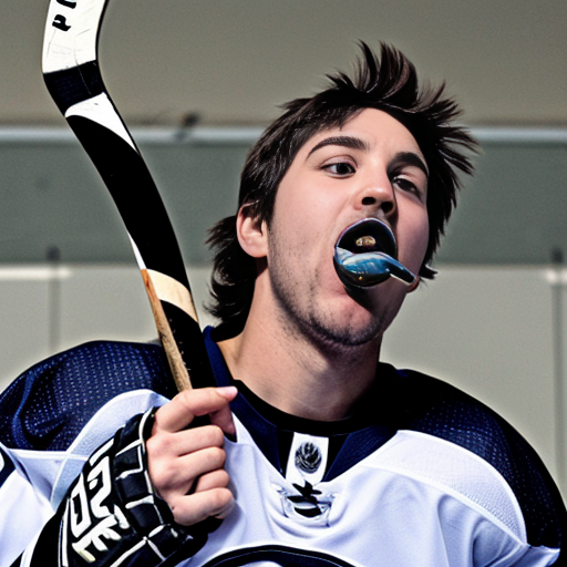 hawk with a hockey stick in his mouth