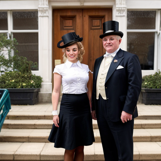 Lottie from princess in the frog standing next to a man in a suit (the mayor)
	•	City building or mansion behind them
Details: top hat, cane, steps
