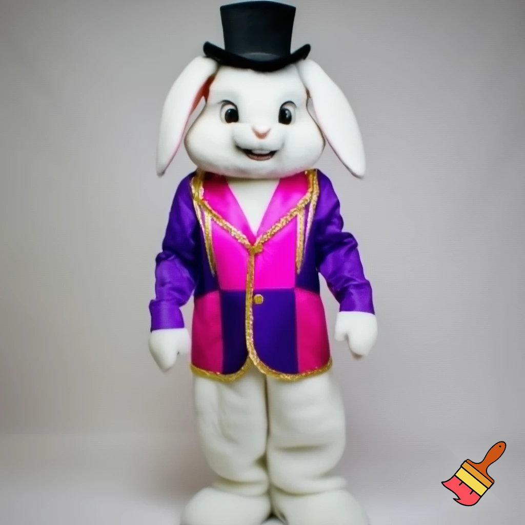 Easter bunny mascot costume top hat a colour face jacket purple and pink pink, purple and pink and gold purple and pink and gold