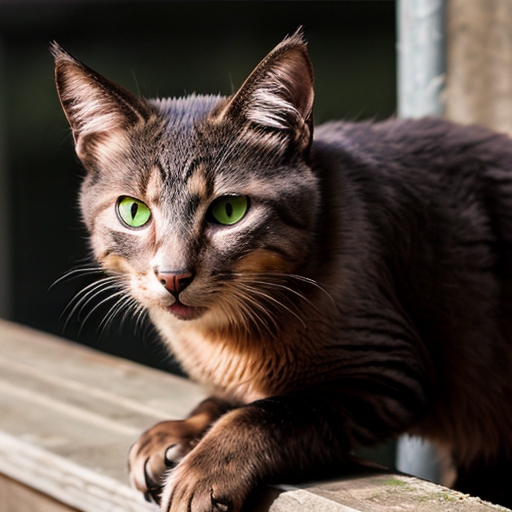 only feral cat, mugshot, dark brown fur, black details ,green eyes, malicious ,evil, wearing prison clothing