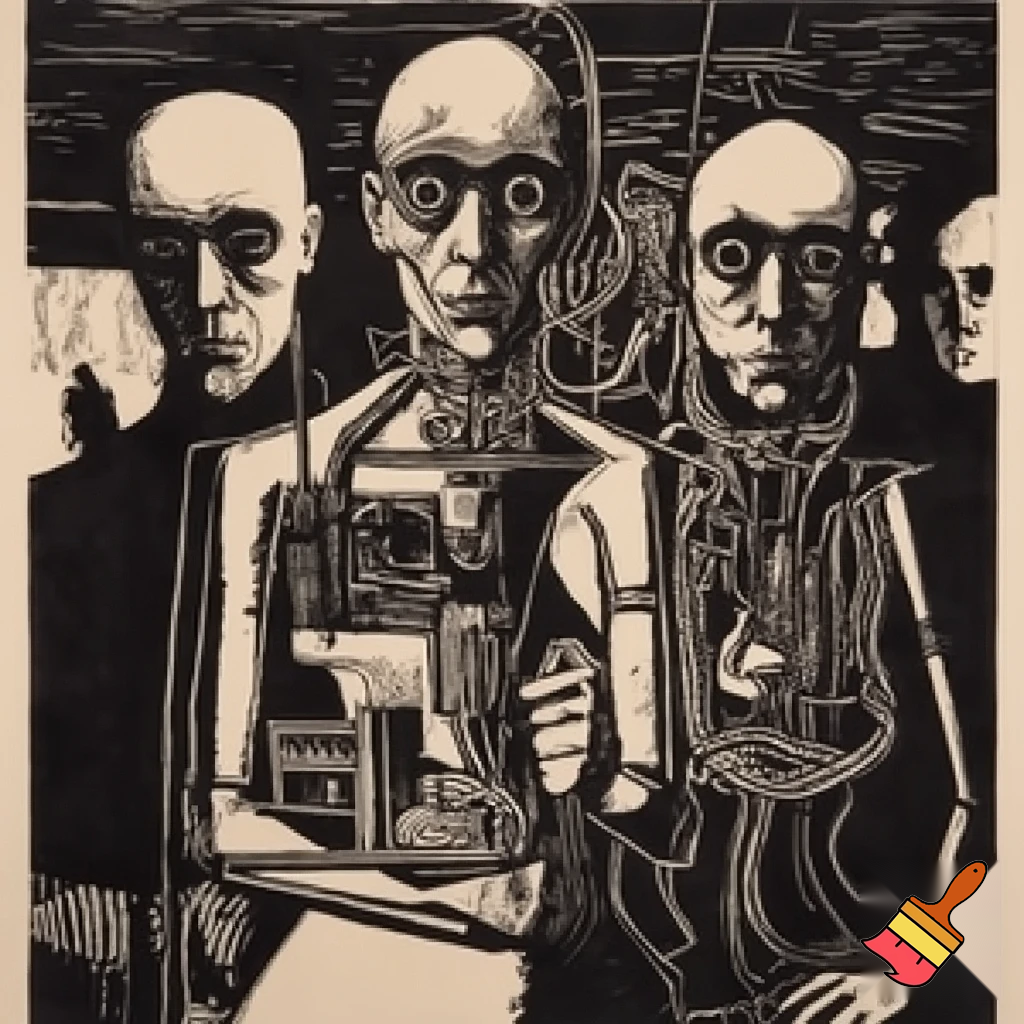 Bio-mechanical post-human noise art. In the style of a 1920's German Expressionist woodcut print. Black & white.