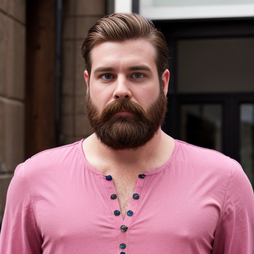 a man wearing a pink dress and he has a mustahe