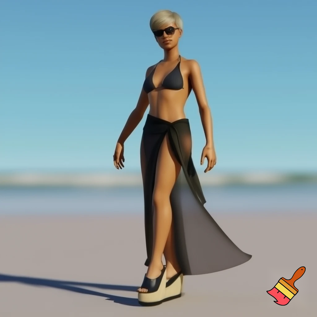 Attractive woman with an ash blonde pixie cut wearing rimless sunglasses, a triangle bikini, a sarong and espadrille wedges 