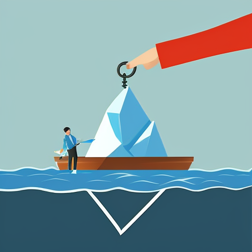 Generate an illustration of iceberg style illustration showing a borrower holding an asset above water while below the surface a large anchor labeled security interest from a bank is attached, symbolic business illustration,