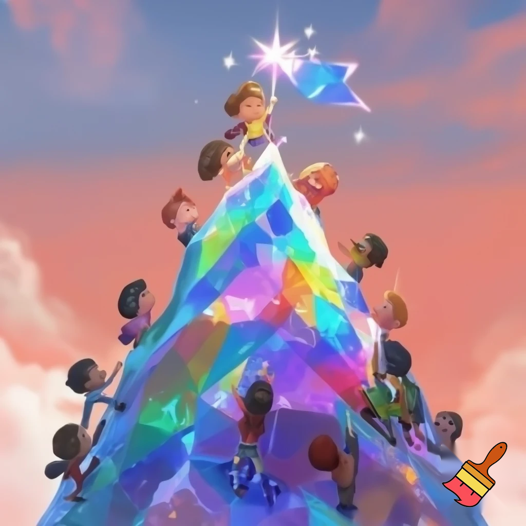 A vibrant, cheerful illustration of a diverse group of kids climbing a colorful, sparkling mountain. One child is at the top, planting a flag shaped like a star