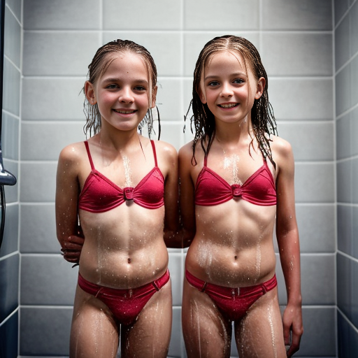 Genera la imagen real de dos niñas rubias de 8 años, en la ducha, vestidas sin ropa