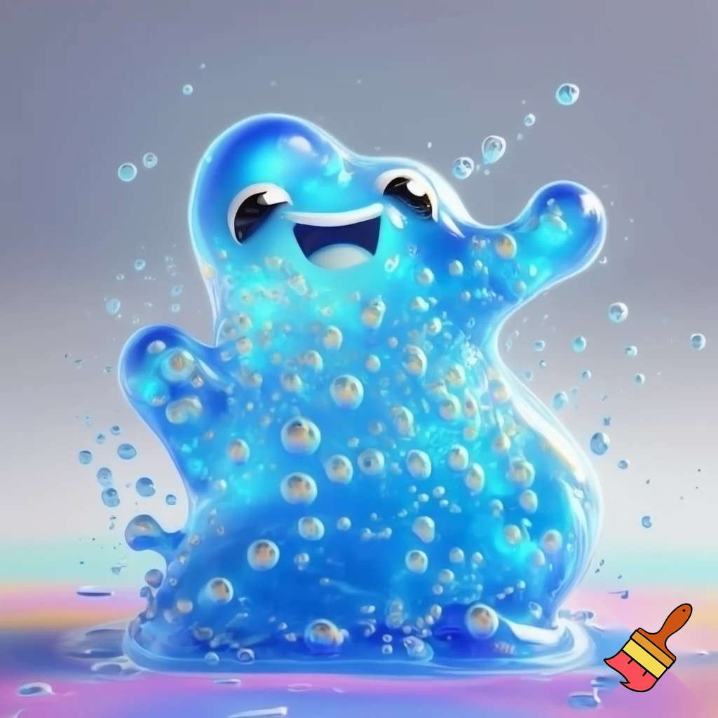 A bouncing slime creature made of bright blue gelatin full of floating bubbles inside. The body stretches and squishes with each movement, translucent and shiny like liquid glass. His expression is joyful and playful, with bubbly energy all around him. He looks friendly, silly and lively, like a magical creature made entirely of cheerful slime.
