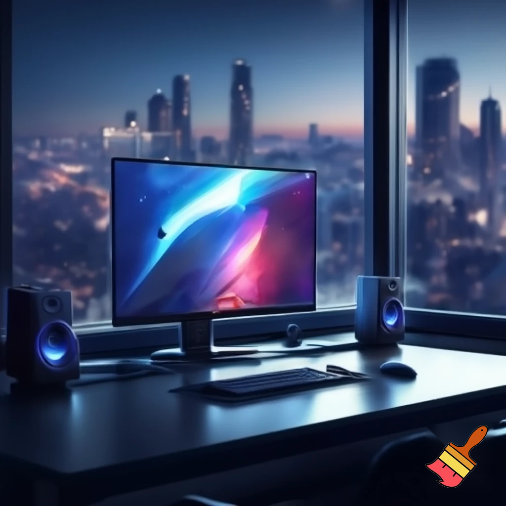 Computer with speakers in front a city view window