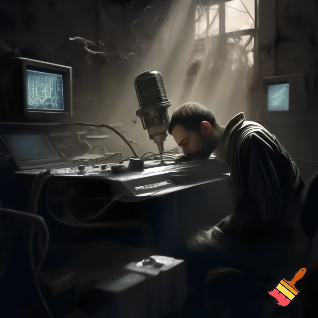 Disegna un uomo steso sul tavolo di una postazione radio moderna in un ambientazione post apocalittica. L'uomo ha un microfono conficcato in testa
