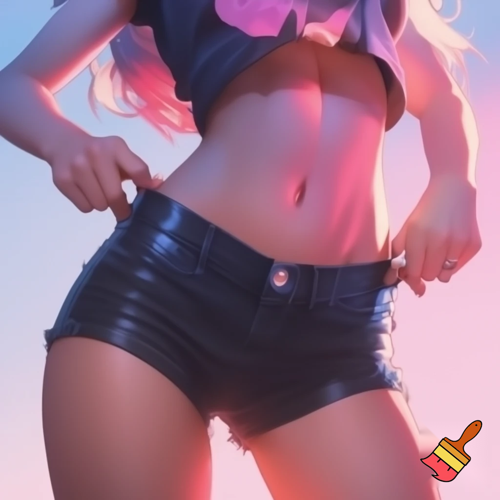 Anime girl 20 years old so cool and cute is dressing an underwear clothes and cool short black jeans is standing make is so anime  is doing an cool pose and the girl is holding her jeans with cool pose and her body is shiny and her face and waist and ass is so cool and make it so cool and so so so cute and her body is so cool