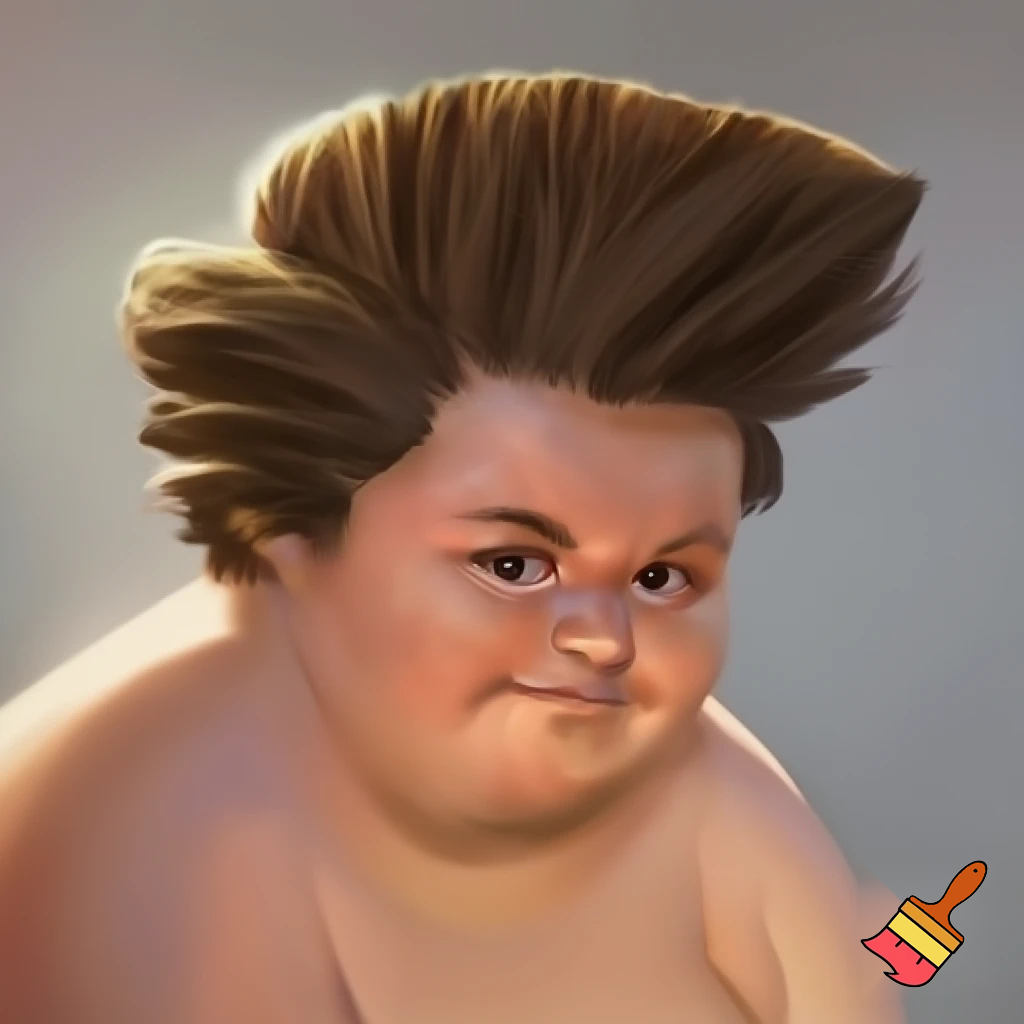 A 13 year old overweight boy with thick brown hair cut into a shape of toilet brush