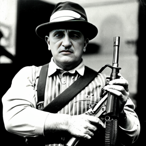 a picture of al copone  with a tommy gun in the 20s looking like a gangster
