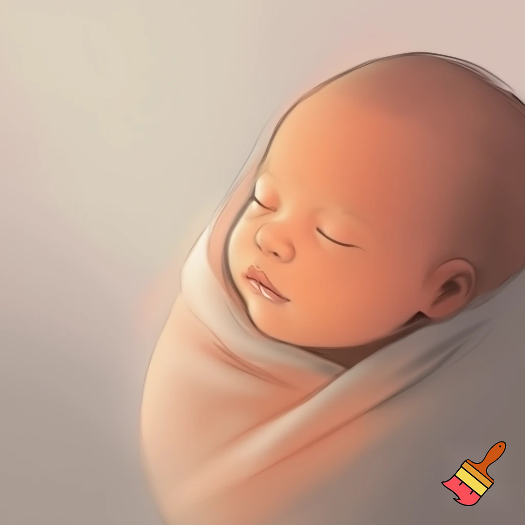 a simple hand‑drawn portrait of a newborn baby wrapped in cloth, soft lines, minimal background, warm muted colors