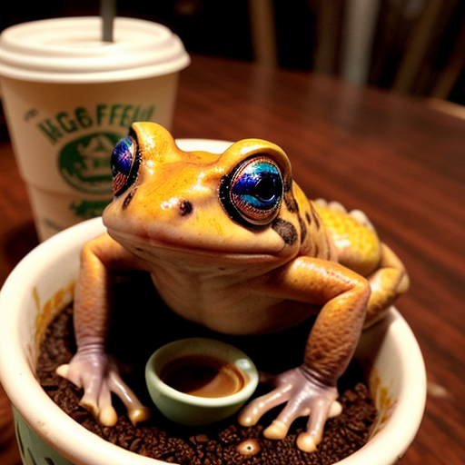 A hillarious, funny boho toad with some hippie colored coffee cups. Psychedelic decorated background, hyperrealistic. Close-up view.