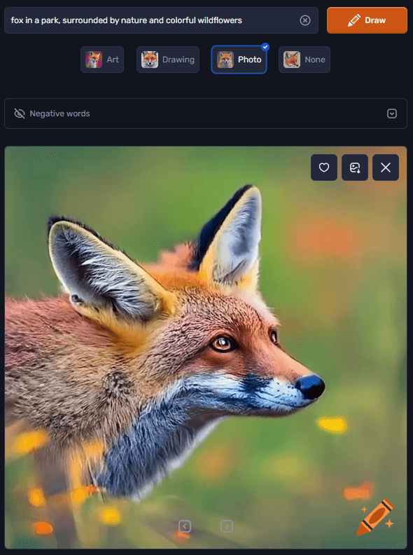 Example of Photo Model Result // Prompt: fox in a park, surrounded by nature and colorful wildflowers // Negative Words: // Crayon AI Model: Photo