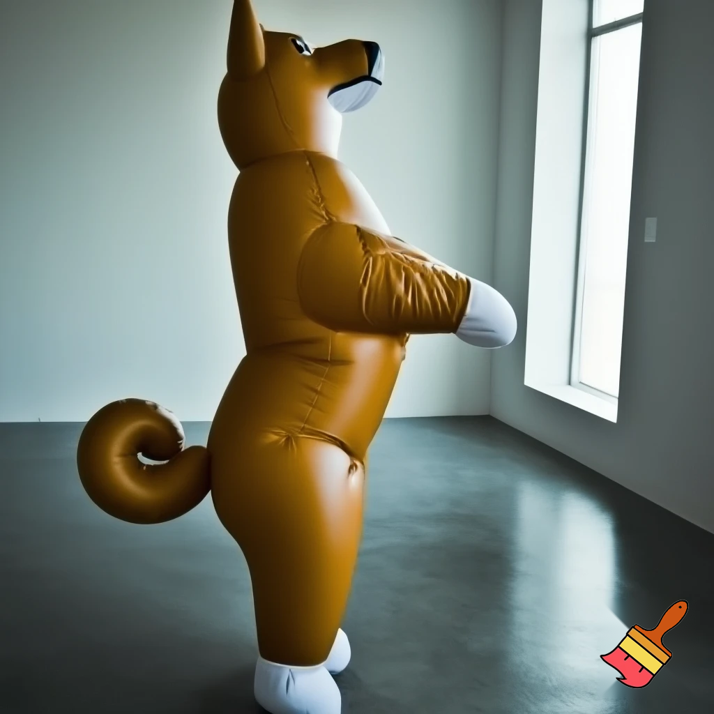 Realistic, inflatable replica of the Akita inu dog presented in bipedal, standing upright on two hind legs located in the empty living room. 