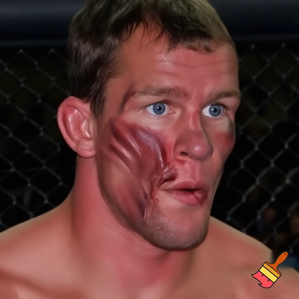 A mixed martial artist who has gone down two weight classes for a fight. His cheeks are sunken and his ribs are visible and his muscles stand out alarmingly. Nonetheless, he stands tall and steady. His eyes are watery blue, his hair is brown and his ears stick out. 
