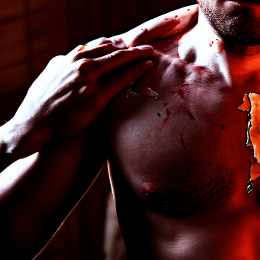 A corpse shirtless man, died, face are hiding by shirt, eye closed, chest fully opened wounded, blood everywhere.