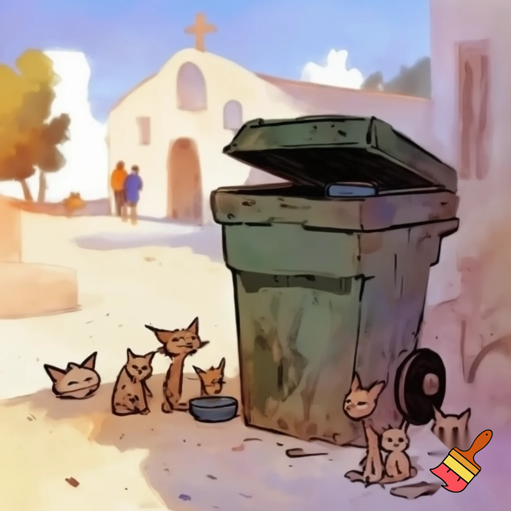 Cartoon-style scene in a small Greek neighborhood. A large green outdoor garbage container stands with its lid open. Inside the container, tossed away, are a couple of pet food bowls and a small water bowl. Around the container are several stray cats and kittens looking sad and thirsty, some sitting, some searching the ground. One or two kittens peek curiously into the container. In the background, a simple white Greek church with a cross on top, and a few distant people walking toward it, not facing the viewer. Early-day Mediterranean light, warm tones, gentle but emotional atmosphere. Style: soft cartoon, watercolor-like textures, subtle outlines, slightly heart-tugging mood. Cats bit skinny
