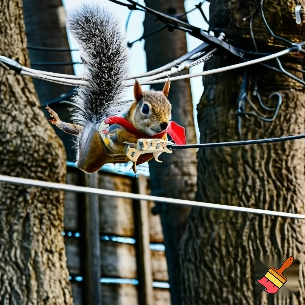 “Ardilla ágil llamada NuezNinja, con cola esponjosa de franjas plateadas, ojos brillantes y una bandana roja deshilachada. Está en un entorno urbano con árboles y cables eléctricos, saltando acrobáticamente entre ramas. Lleva un cinturón con pequeñas nueces especiales. Estilo dinámico, colorido, con sensación de movimiento y energía ninja.”

