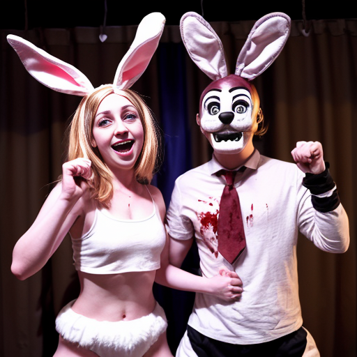 Show me what would happen if a boyfriend and girlfriend (Friday night funkin') were captured by female animatronics fnaf 2 , who then decided to make the boyfriend a girl (change his gender and appearance) and put the girl (boyfriend gender) in a cute, sexy bunny animatronic costume, and the wife girlfriend in a female animatronic cat costume. Both died in agony. How would the spirit of the girl (boyfriend gender) and his wife (girlfriend) react afterward?The boyfriend is gender (fnf) and looks like a bunny girl in spirit. How will his wife Girlfriend react to him boyfriend becoming a girl female? Fnaf 2 , Blood , стиль как с анимаций Friday night funkin.