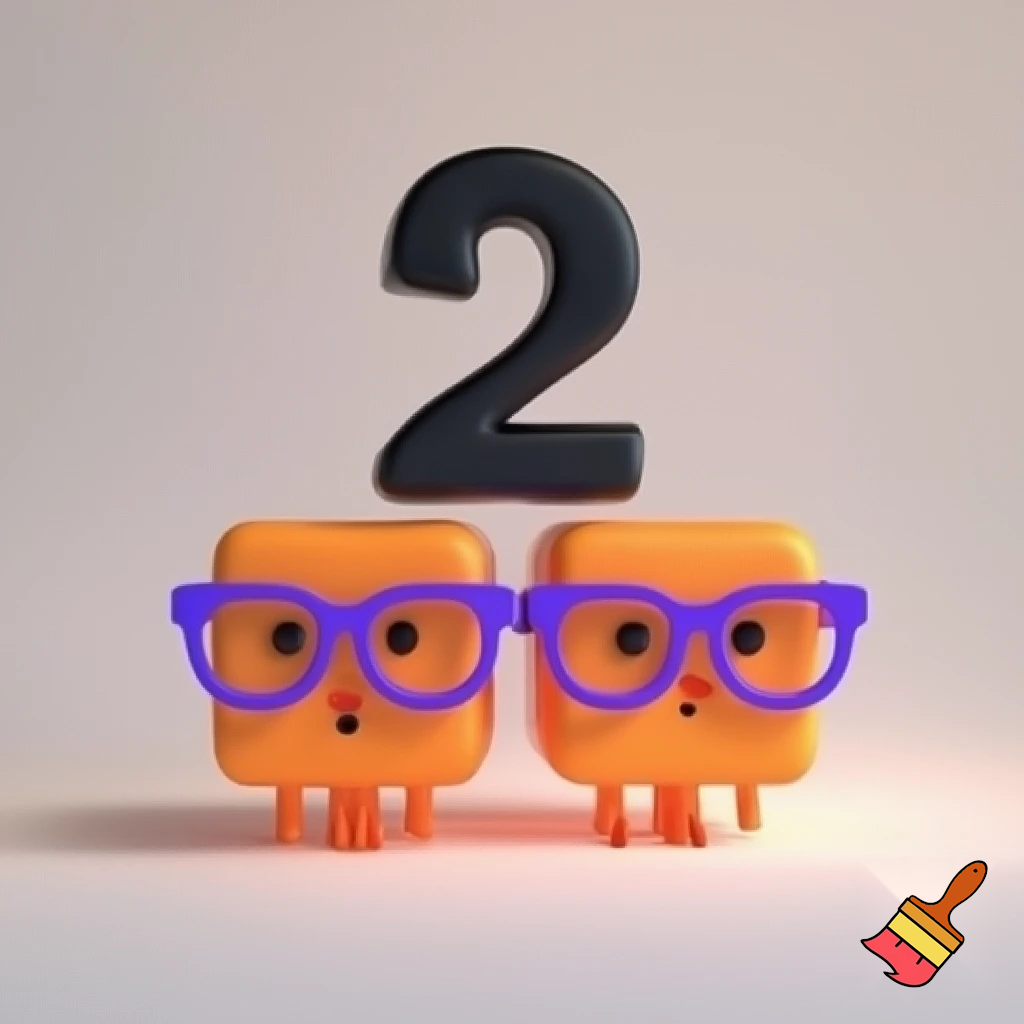 2 orange blocks with a face and a black number 2 above and wearing purple glasses