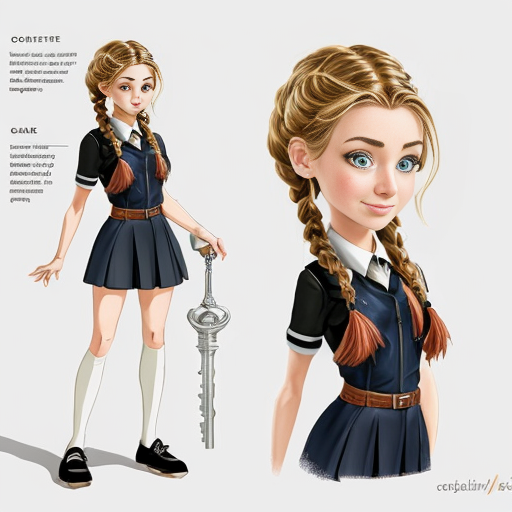 Create an original female character in a vibrant, cartoon style, designed as a professional concept art reference sheet. Include multiple angles: front, back, and 3/4 views, as well as expressive poses showing movement and emotion. Present clean, crisp linework with polished shading and vibrant colors, ensuring each part of the character’s design is clearly visible. Include close-ups of key details such as clothing patterns, accessories, and hair, while keeping proportions stylized but consistent. The composition should resemble a high-quality character reference sheet used in animation or game design, with neat annotations or visual notes showing design elements, color palette swatches, and small accessory details. Lighting should be soft and even to showcase the design clearly, and the overall layout should feel professional, organized, and visually appealing, female, blonde blue and golden translucide extremely glowing hair, wavy long hair, school uniform. Pale skin, tall and slim, elegant tied hair with Braids, sword