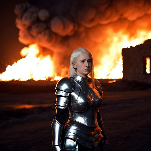 young, tall, white-haired woman in armor stands in front of a burning castle into which meteorites are falling.