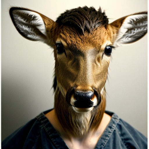 picture of a mugshot deer, with scars, serious face holding a lineup