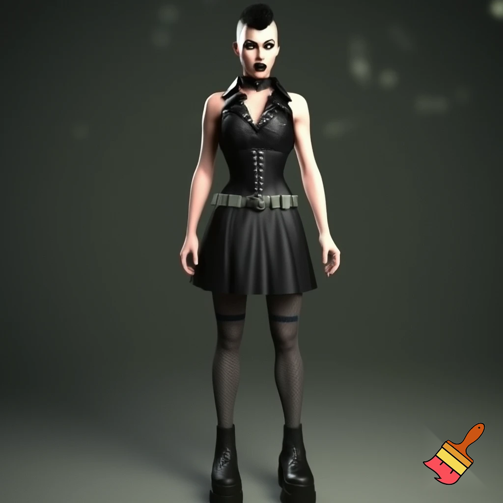 Attractive woman with an undercut and bold makeup wearing a collar, arm warmers, a corset, a body belt, a pleated skirt, vertical striped stockings and platform boots 