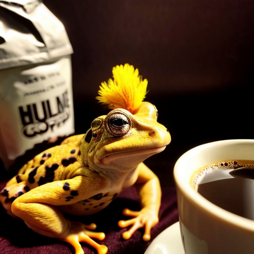 A hillarious, funny boho toad with some hippie colored coffee cups. Psychedelic decorated background, hyperrealistic. Close-up view.